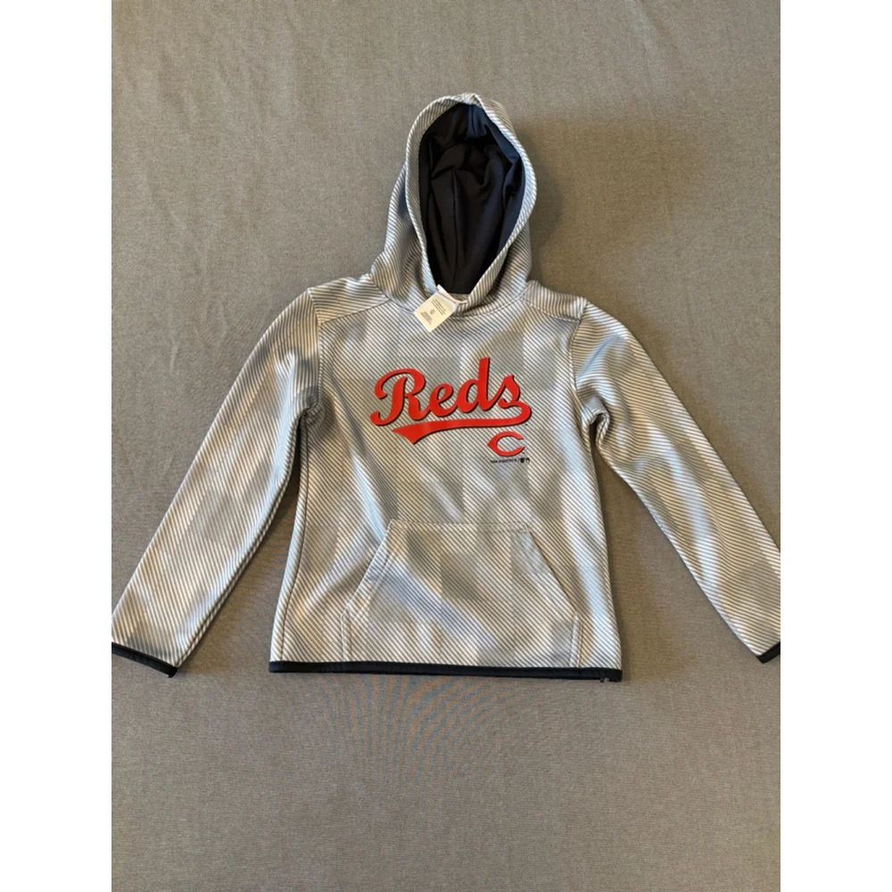 MLB gray striped hooded sweatshirt Cincinnati Reds logo Child size 6/7 NWOTs